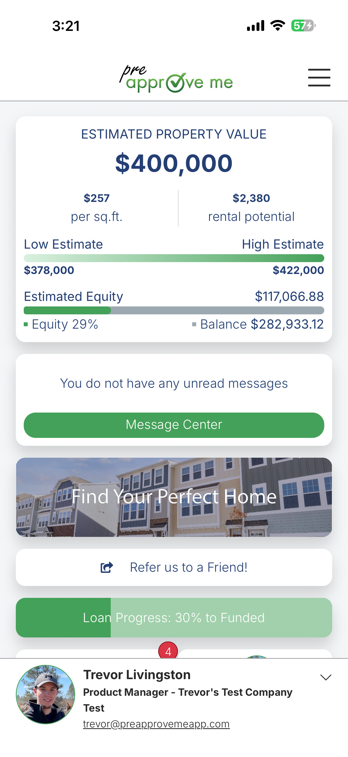Pre-Approve Me Borrower Portal on mobile showing estimated property value, equity, message center, referral link, loan progress, and the borrower's loan officer