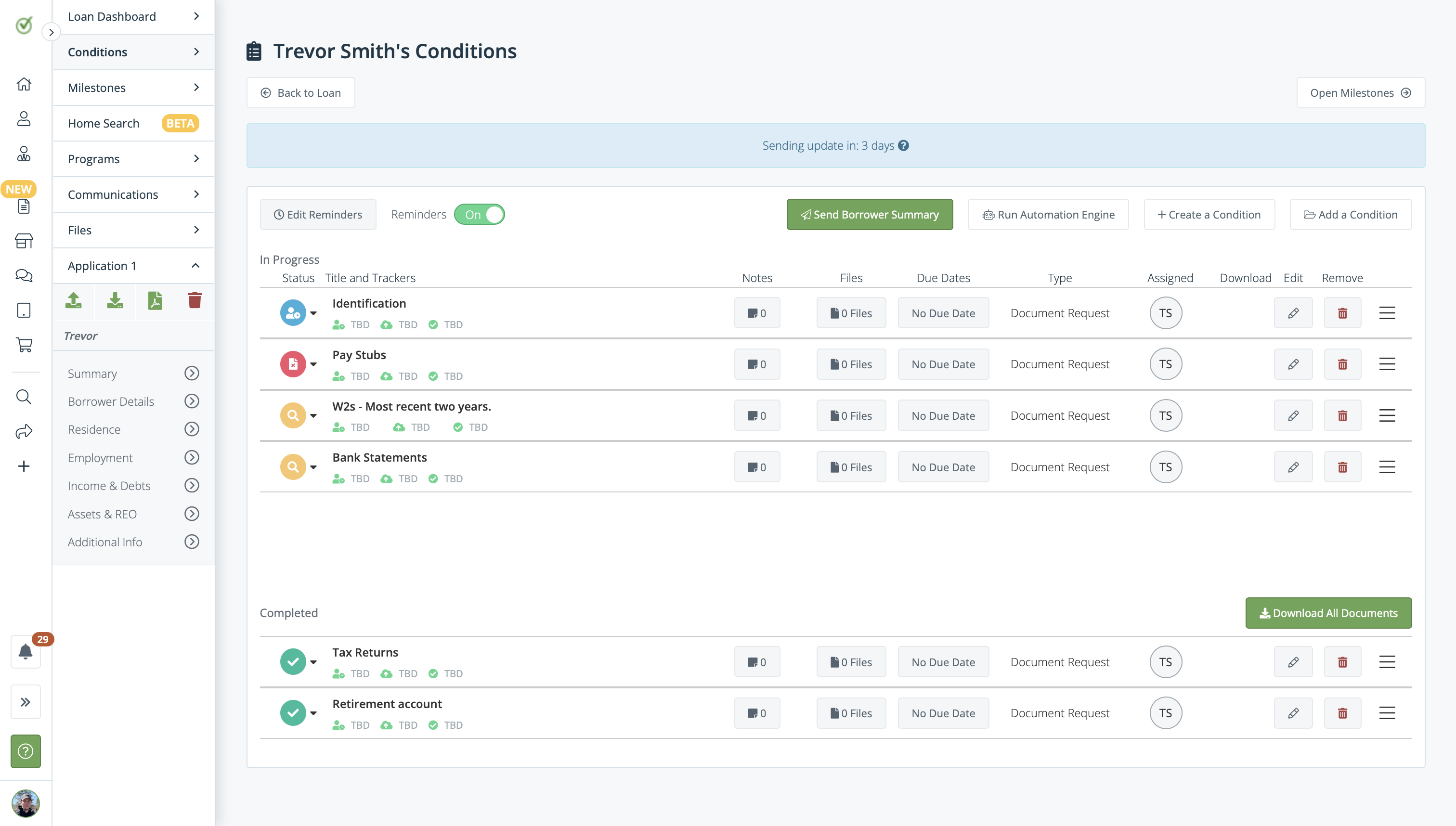 Pre-Approve Me conditions dashboard showing in-progress and completed borrower conditions with automated reminders turned on