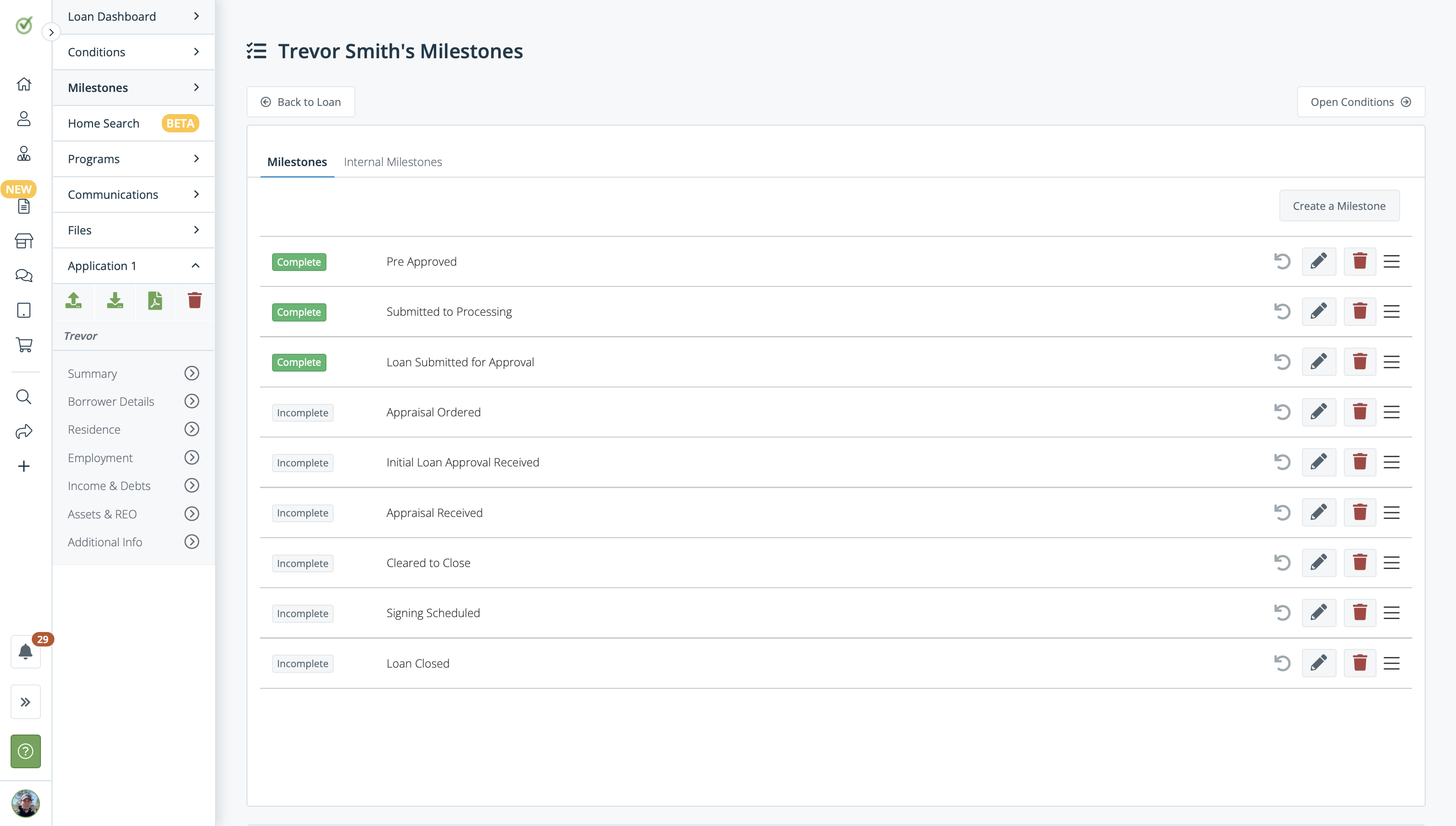 Pre-Approve Me milestones dashboard showing completed and upcoming loan milestones from pre-approval to closing