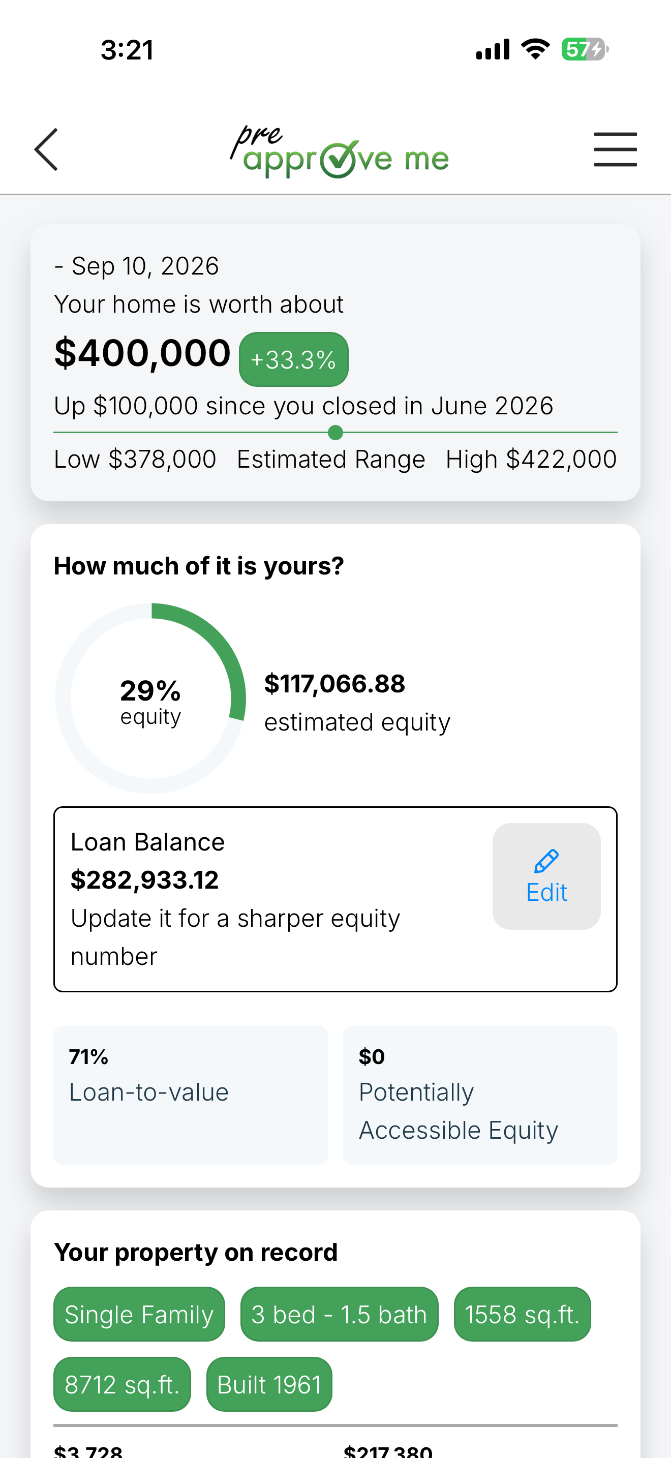 Pre-Approve Me mobile app showing the borrower's home value, estimated equity, loan balance, and property details