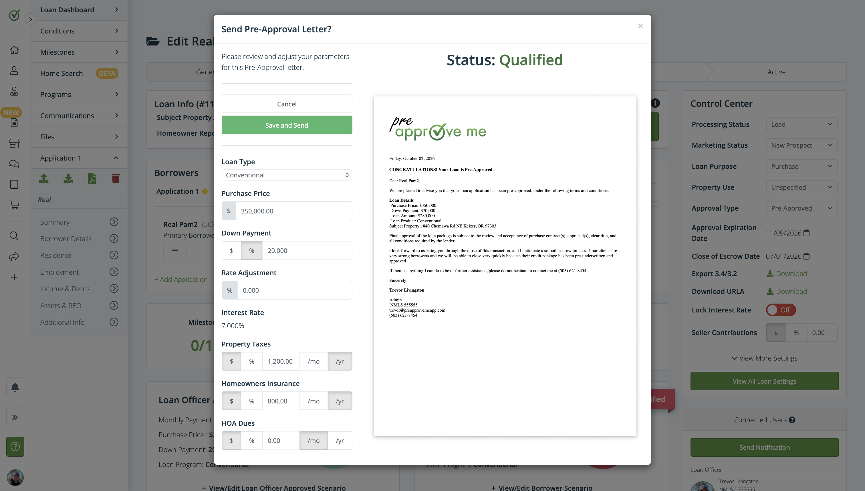 Pre-Approve Me Send Pre-Approval Letter dialog with adjustable loan parameters and a live preview of the branded letter showing a Qualified status