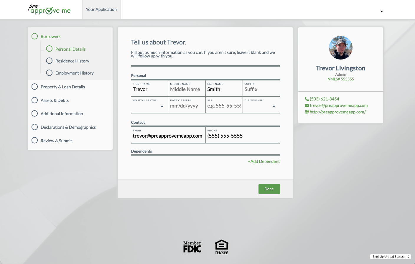 Pre-Approve Me Smart 1003 application showing the Personal Details step, a progress sidebar, and the loan officer's contact card